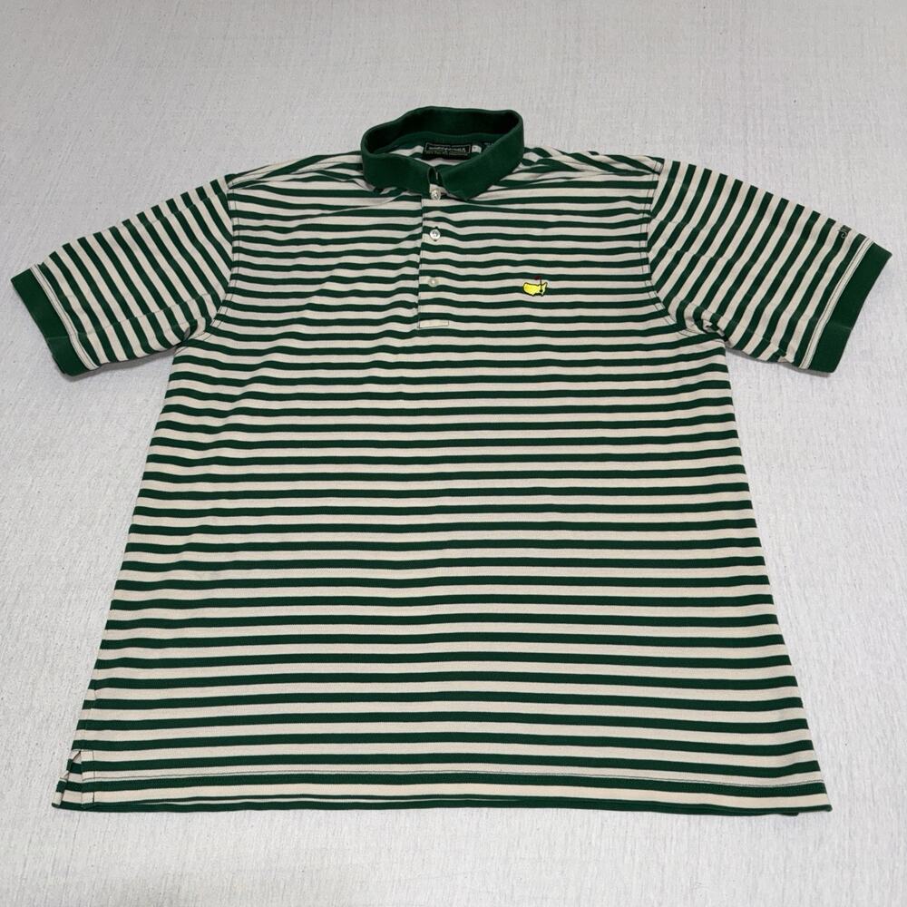 Masters Collection Men’s Golf Polo Shirt L Green/White Striped Mercerized Logo